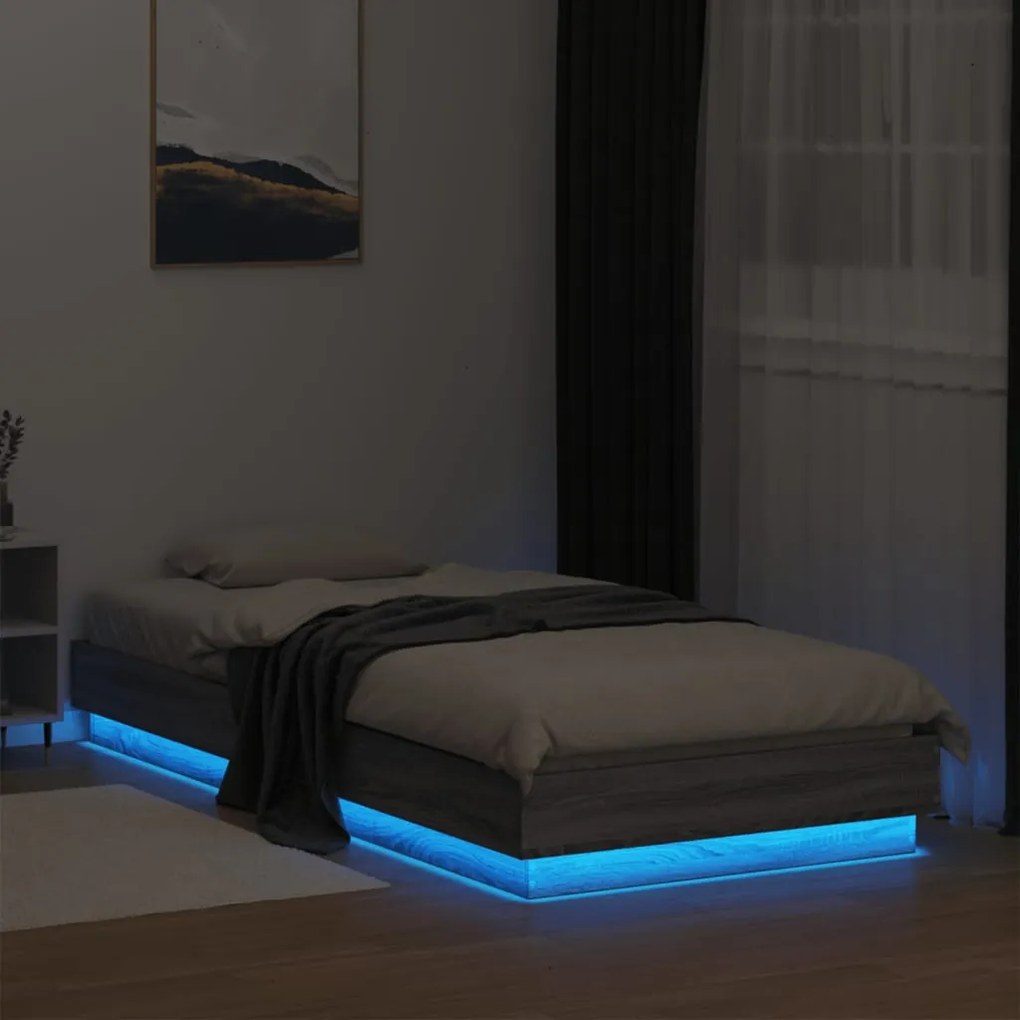 Estrutura de cama com luzes LED 90x200 cm cinzento sonoma