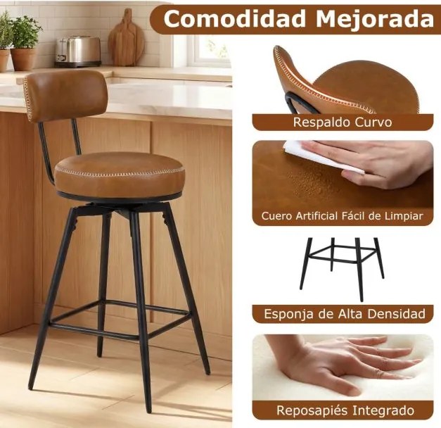 Conjunto de 2 Bancos de bar giratórios modernos 46 x 41 x 98 cm, encosto almofadado, apoio para os pés, pernas metálicas, couro sintético com costuras
