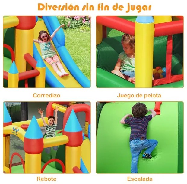 Castelo insuflável para crianças com compressor 680 W 2 escorregas Área de saltos Piscina com bolas 330 x 300 x 210 cm Multicolorido