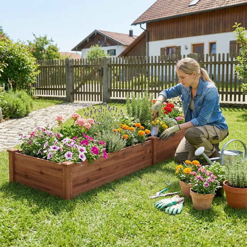 Floreira de madeira 240 x 60 x 25 cm para legumes, flores, ervas e frutas para quintal, jardim, relvado  Café