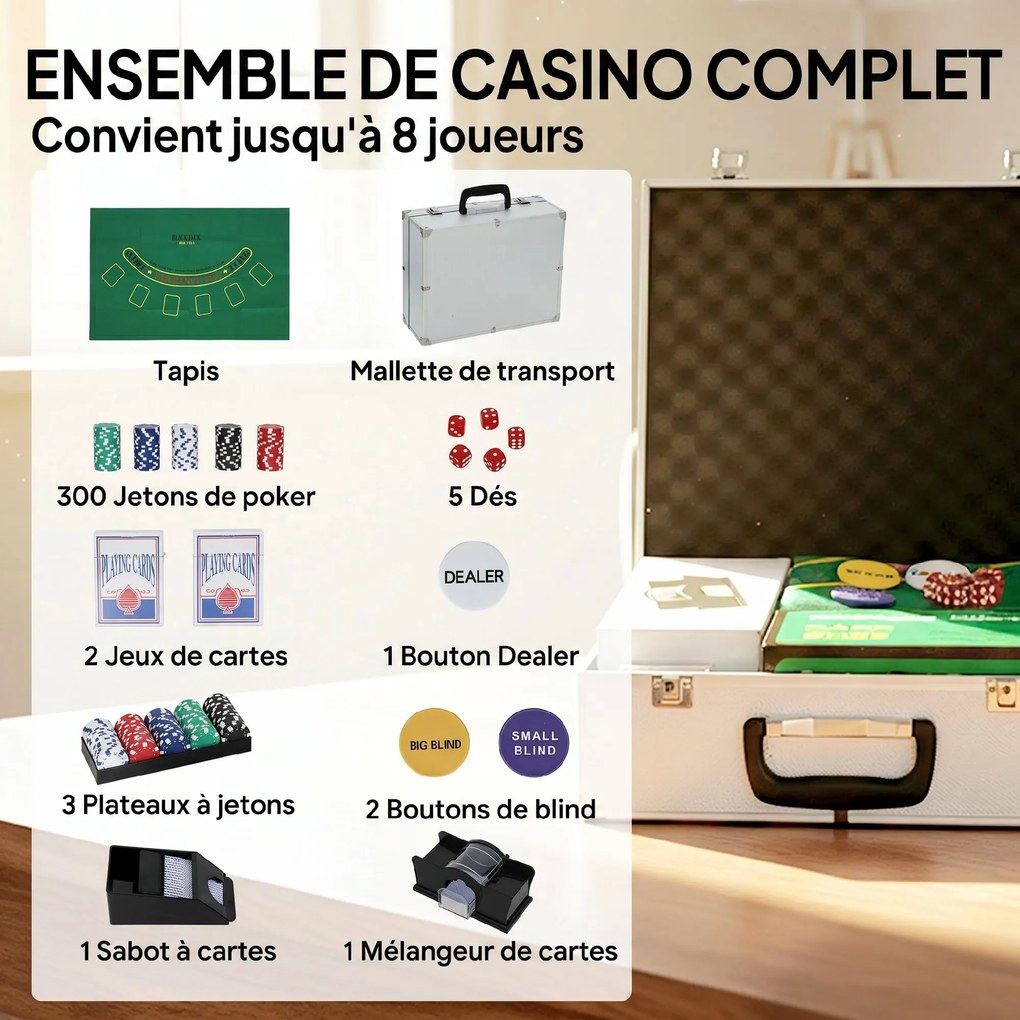 Mala de póquer - Conjunto completo de póquer com 300 fichas, cartas de jogar, dados, crupiê, tapete, chaves, mala em ABS, prata