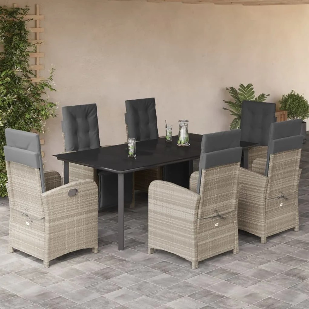 7 pcs conj. jantar p/ jardim c/ almofadões vime PE cinza-claro