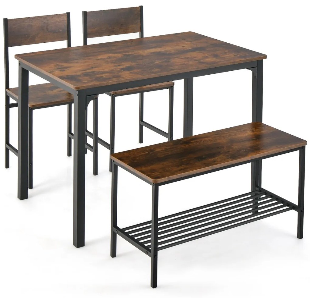 Conjunto de mesa de industrial com 2 cadeiras e 1 banco, estrutura metálica e prateleira Castanho
