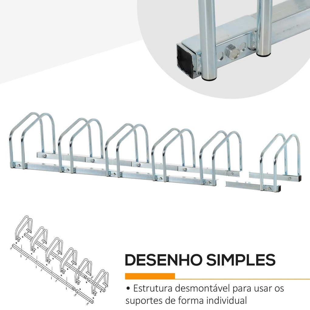 HOMCOM Estacionamento para 6 Bicicletas Suporte de Aço para Estacionar Bicicletas no Chão para Interior e Exterior 160x33x27cmPrata