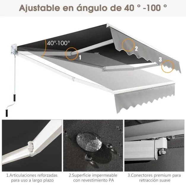Toldo retrátil 245 x 200 cm com manivela manual para parede, porta, janela Cinzento