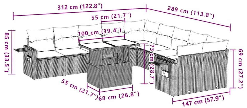 11 pcs conjunto sofás de jardim c/ almofadões vime PE preto