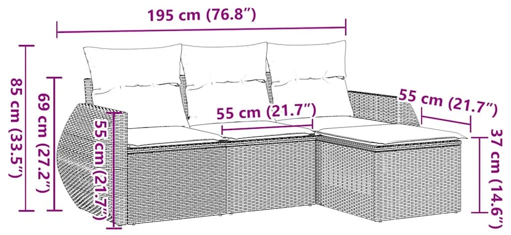 4 pcs conjunto de sofás para jardim c/ almofadões vime PE preto