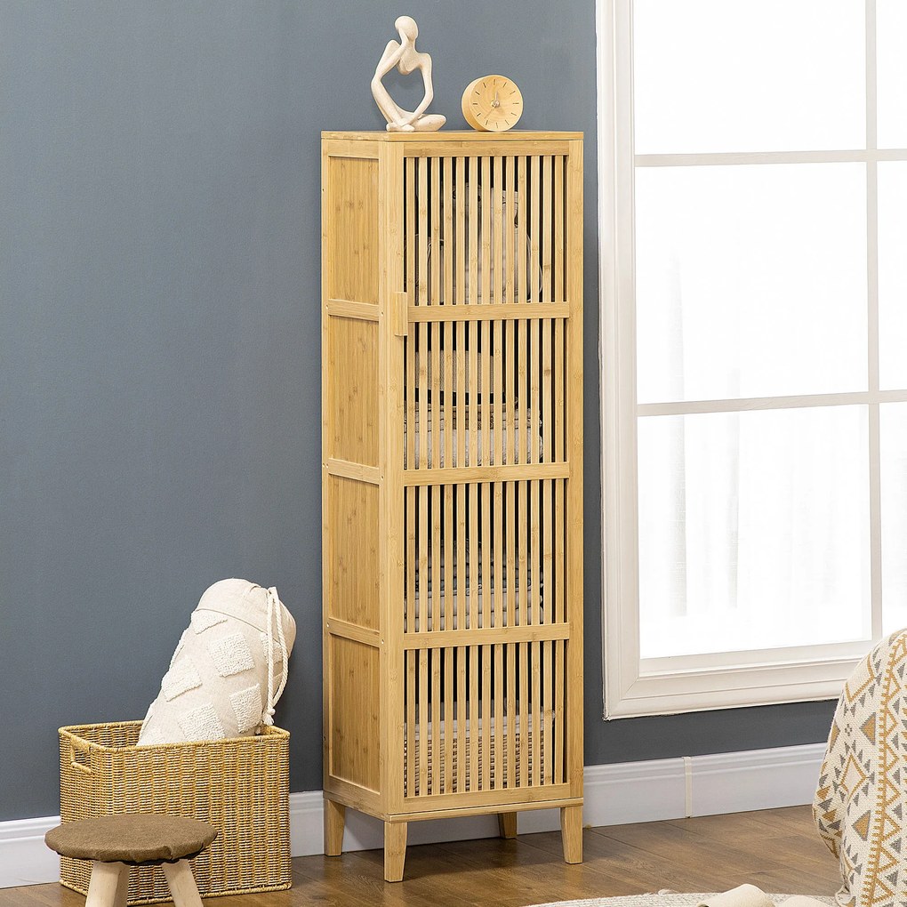 Móvel de arrumação em bambu com prateleiras e porta de design com ripas para casa de banho 40 x 30 x 140 cm