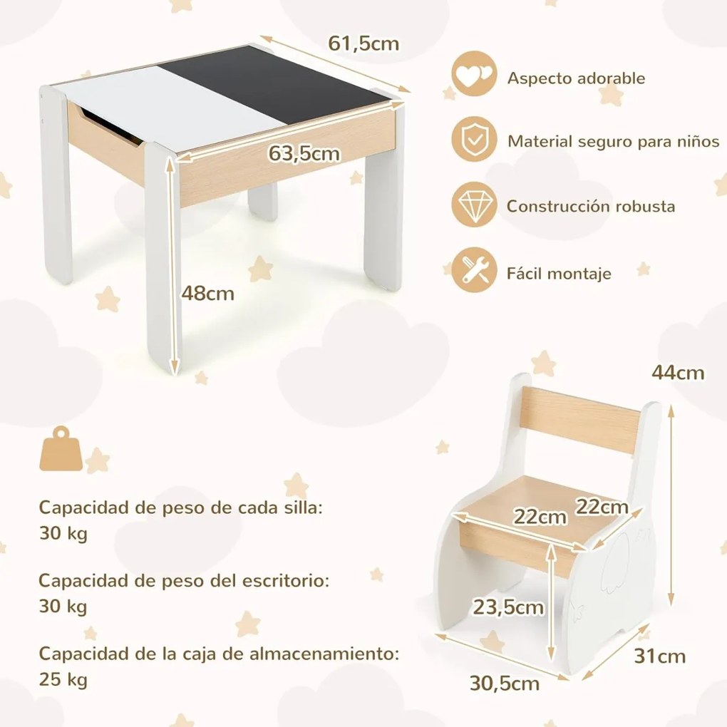 Conjunto de mesa e 2 cadeiras infantis de 3 peças com arrumação e quadro removível para sala de jogos e creche Branco