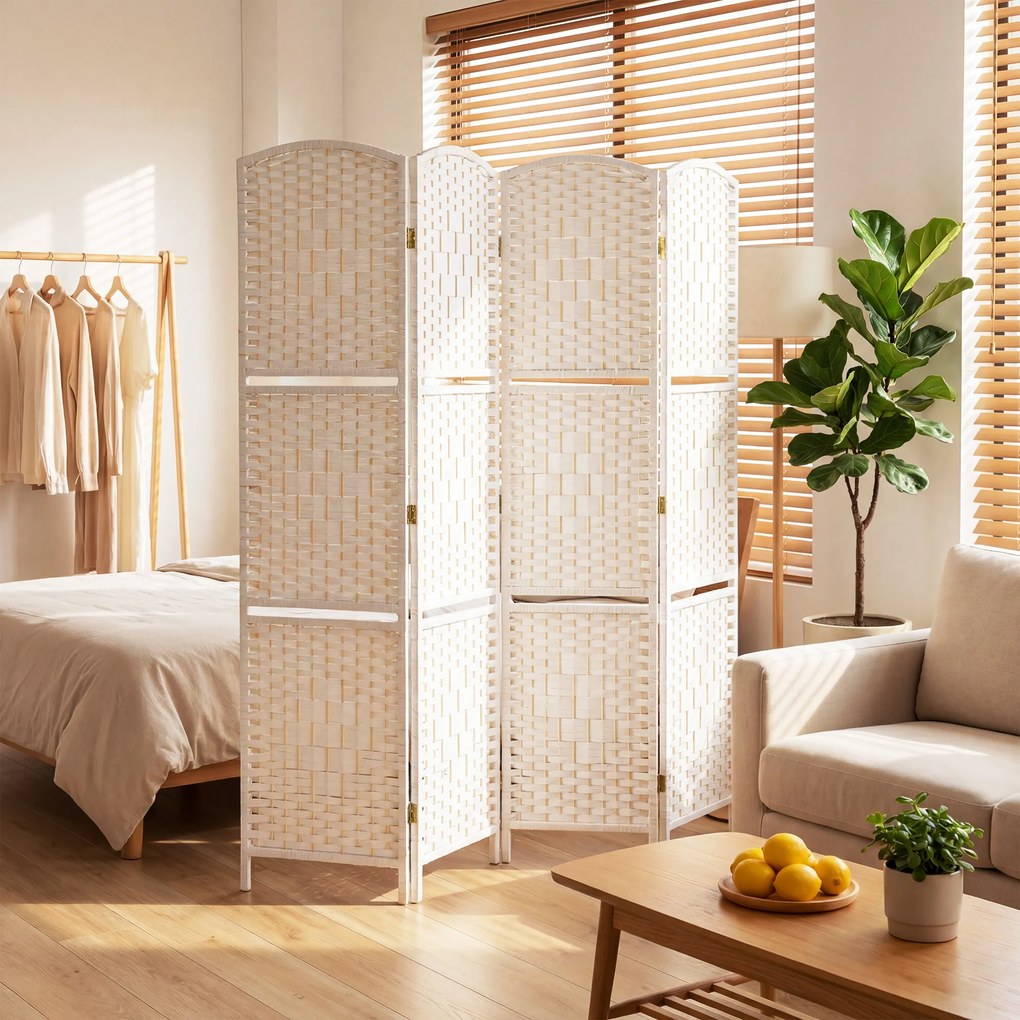 Biombo divisório de 4 painéis, 160 x 170 cm, com 2 prateleiras, dobrável, em madeira branco