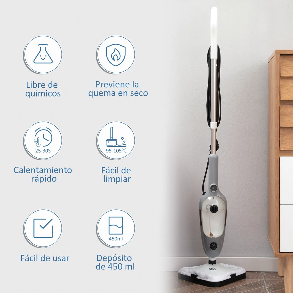 HOMCOM Mopa a Vapor 1300W Limpador a Vapor Multifuncional com Depósito de 450ml e 11 Acessórios Incluídos Aquecimento em 20-30 Segundos 28x21x112cm Cinza e Branco