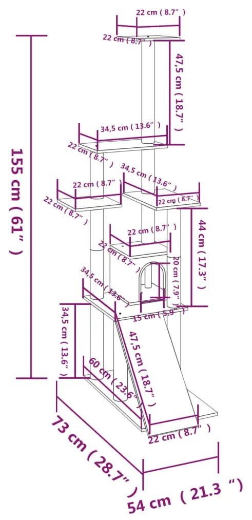 Árvore p/ gatos c/ postes arranhadores sisal 155 cm cinza-claro