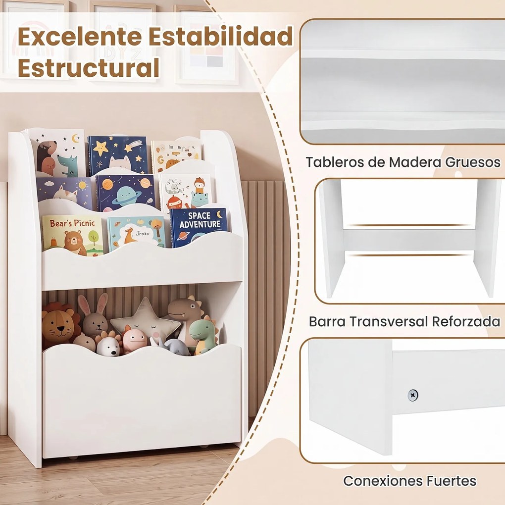 Estante Infantil de Arrumação, 49,5 x 30 x 76 cm, Gaveta Removível com Rodas, Branco