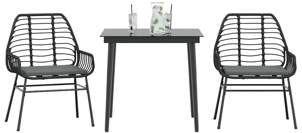 3 pcs conjunto jantar jardim almofadões vime PE vidro preto