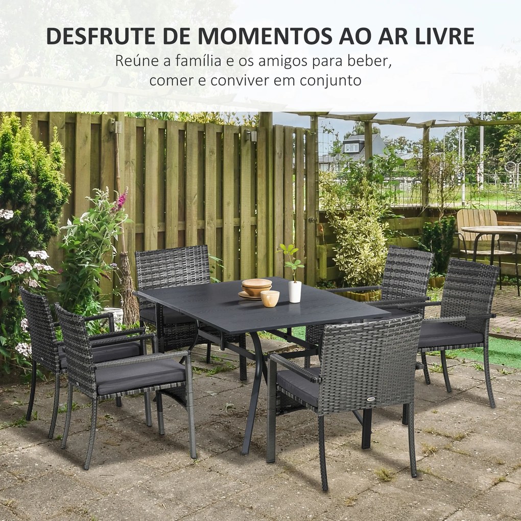 Conjunto de Refeição de Jardim em Vime Sintético Conjunto de 7 Peças Inclui 6 Cadeiras com Almofadas e Mesa de Metal Cinza