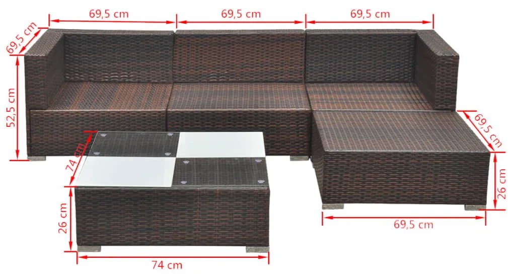 5 pcs conjunto lounge jardim c/ almofadões vime PE castanho