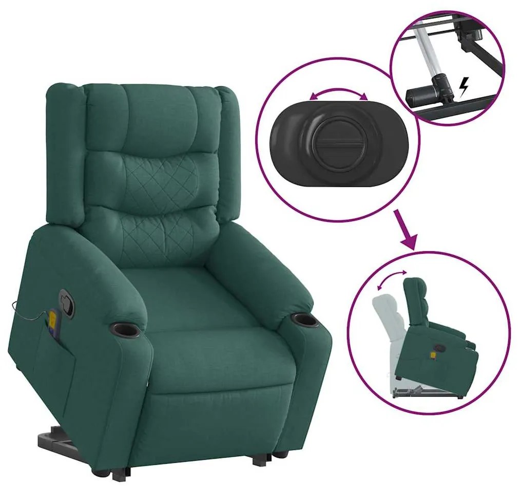 Poltrona reclinável elevatória de massagens tecido verde-escuro