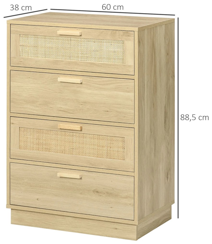 HOMCOM Cómoda com 4 Gavetas de Vime Cómoda de Madeira para Dormitório Sala de Estar Estilo Boêmio 60x38x88,5 cm Madeira