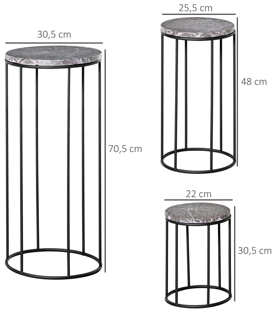 Suporte para Vasos de Metal 3 Peças Empilháveis Suporte para Plantas com Bancada de Efeito Mármore Decoração para Interiores e Exteriores Ø30,5x70,5cm