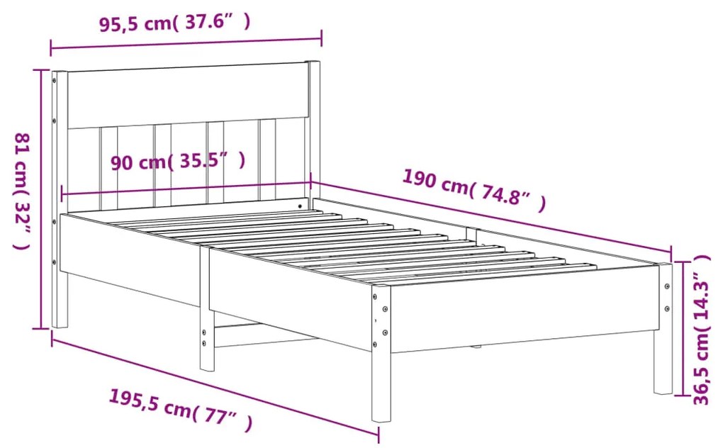 Estrutura de cama com cabeceira 90x190 cm pinho maciço