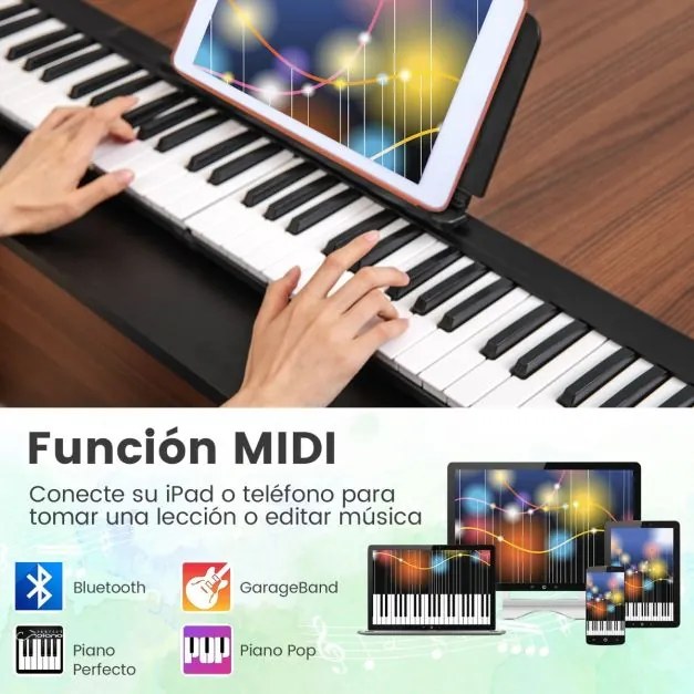 Piano digital dobrável de 88 teclas com Bluetooth MIDI Altifalantes duplos Pedal de sustentação e bolsa de transporte Preto e branco
