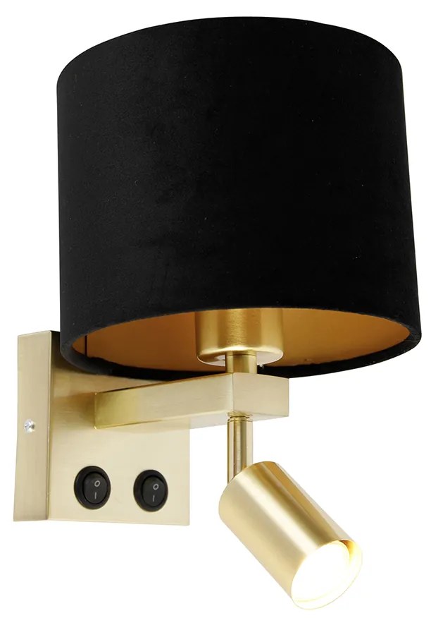 Candeeiro de parede em latão com luz de leitura e abajur de 18 cm preto - Brescia