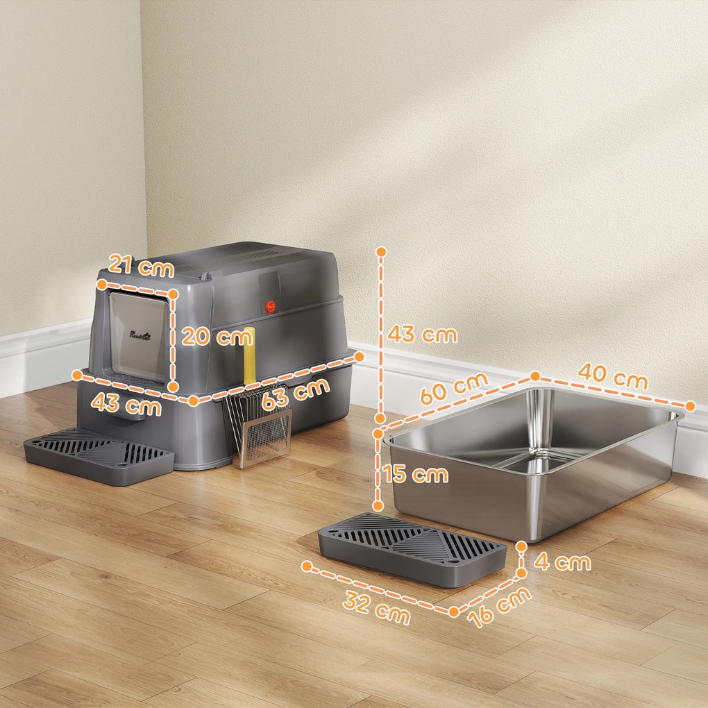 Caixa de Areia para Gatos de Aço Inoxidável XL com Tampa Articulada 180° Laterais Altas Pedal Pá 63x43x43 cm Cinzento Escuro