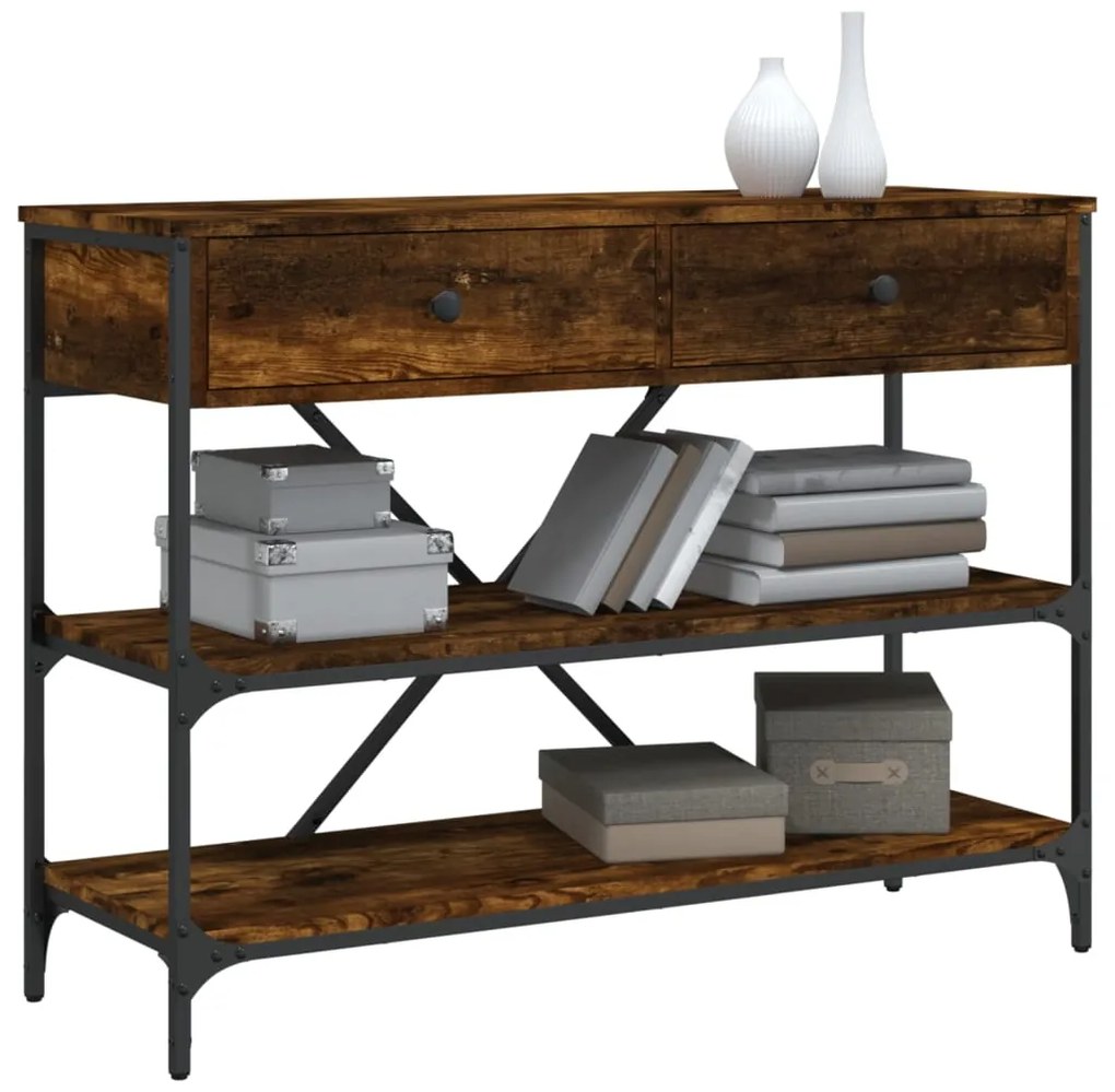 Mesa consola gavetas/prateleiras deriv. madeira carvalho fumado