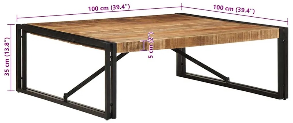 Mesa de centro 100x100x35 cm madeira de mangueira áspera maciça