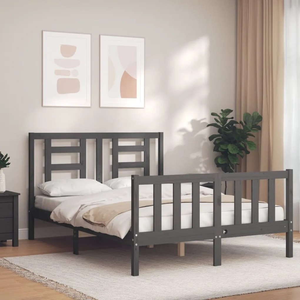 Estrutura de cama de casal c/ cabeceira madeira maciça cinzento