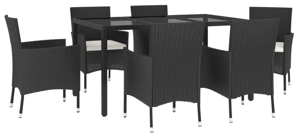 7 pcs conjunto de jantar p/ jardim c/ almofadões vime PE preto