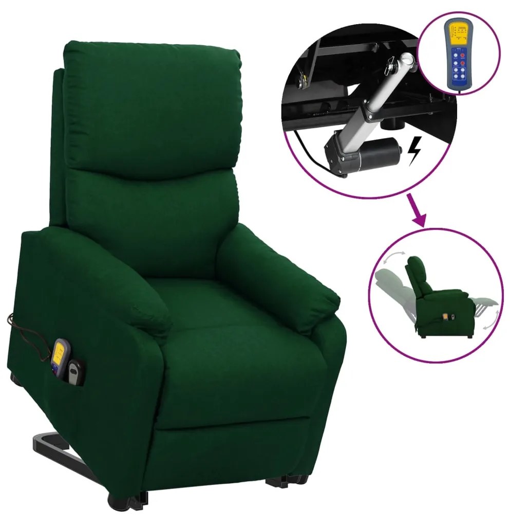 vidaXL Poltrona elevatória de massagens tecido verde-escuro