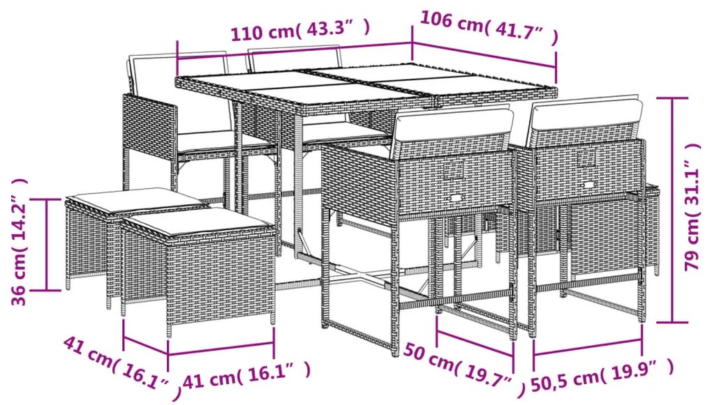 9 pcs conjunto de jantar p/ jardim c/ almofadões vime PE cinza