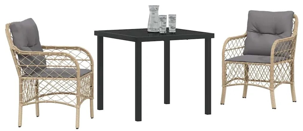 Conjunto de Jantar de Jardim 3 Peças com Almofadas em Rattan Sintético