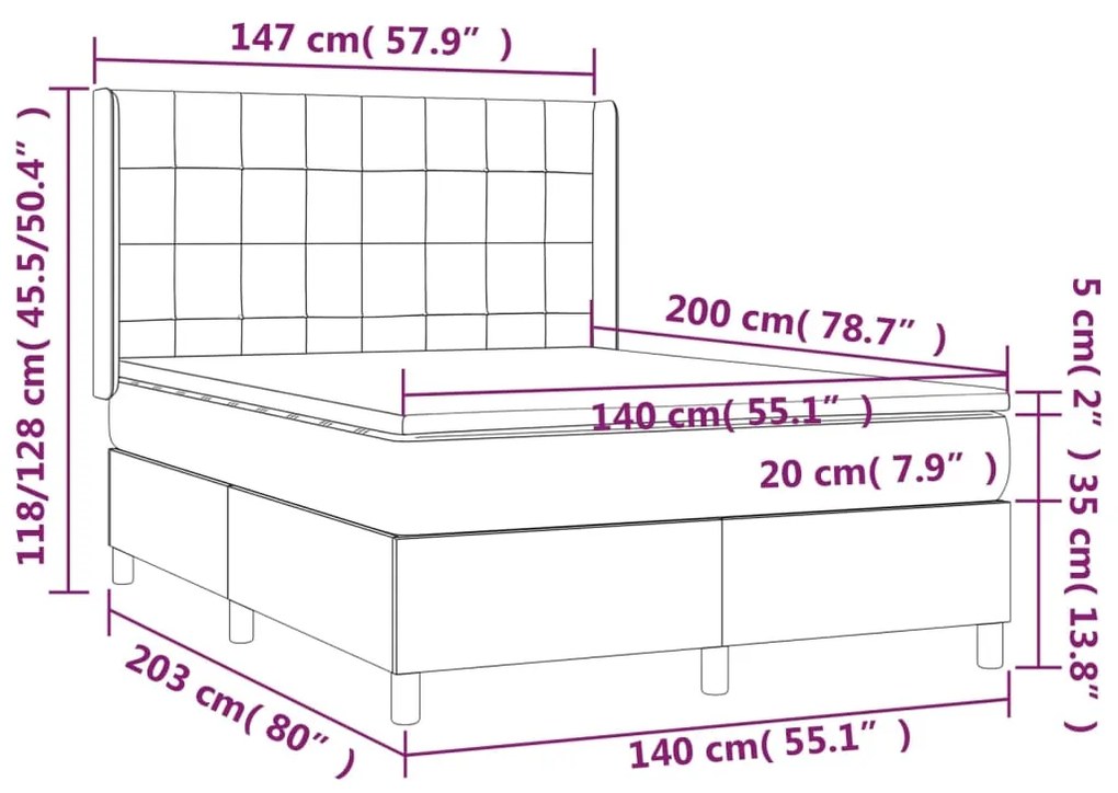 Cama box spring c/ colchão/LED 140x200 cm veludo cinzento-claro