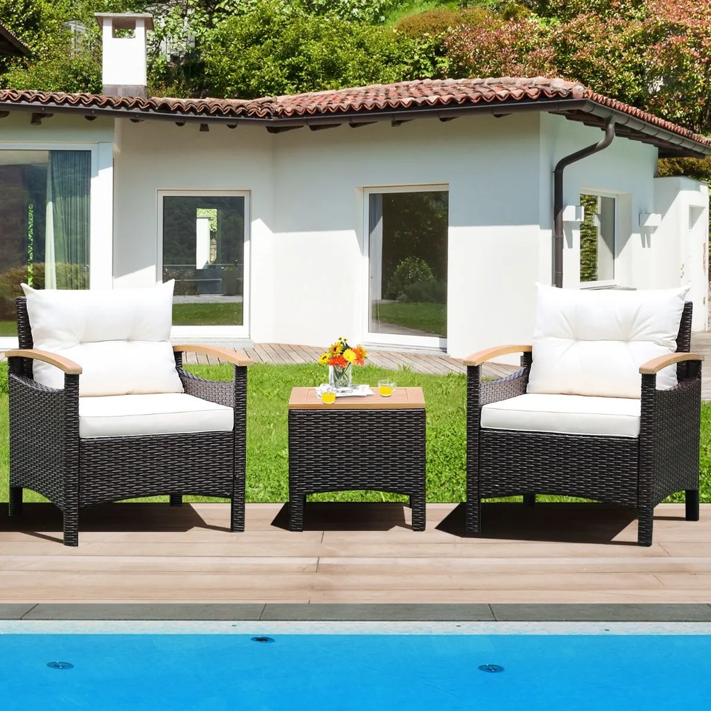 Conjunto jardim de 3 peças de mobiliário de jardim com mesa de centro Almofada amovível Apoio de braços em madeira de acácia para pátio Piscina Castan