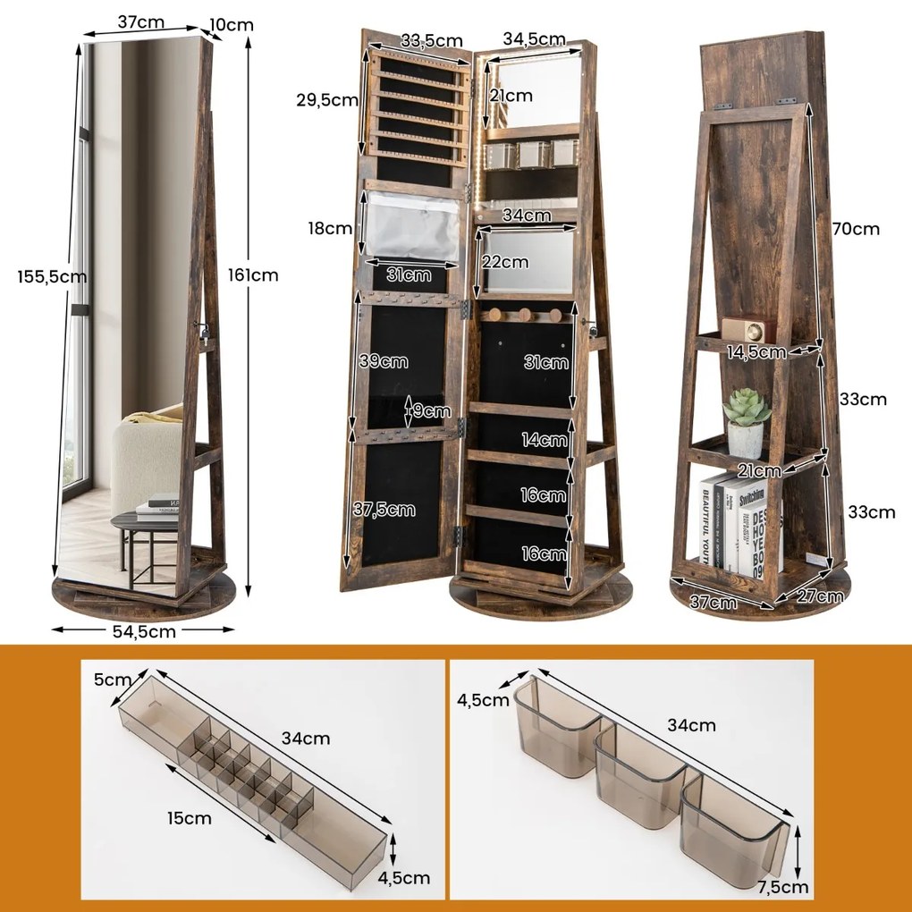 Espelho Guarda Joias rotativos 360° com luzes LED Espelho de corpo inteiro Com Estante 54,5 x 161 cm Castanho Escuro