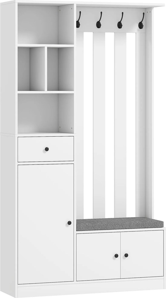 HOMCOM Móvel de entrada 4 em 1, armário de entrada com banco de arrumação, prateleira regulável, 4 ganchos, 100x30x180cm, branco | Aosom Portugal