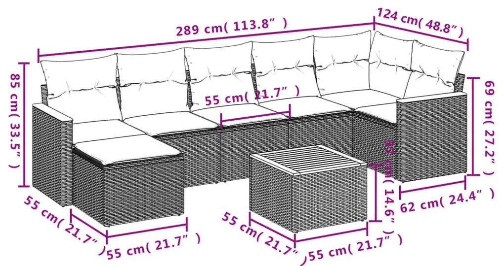 8 pcs conjunto sofás de jardim com almofadões vime PE preto