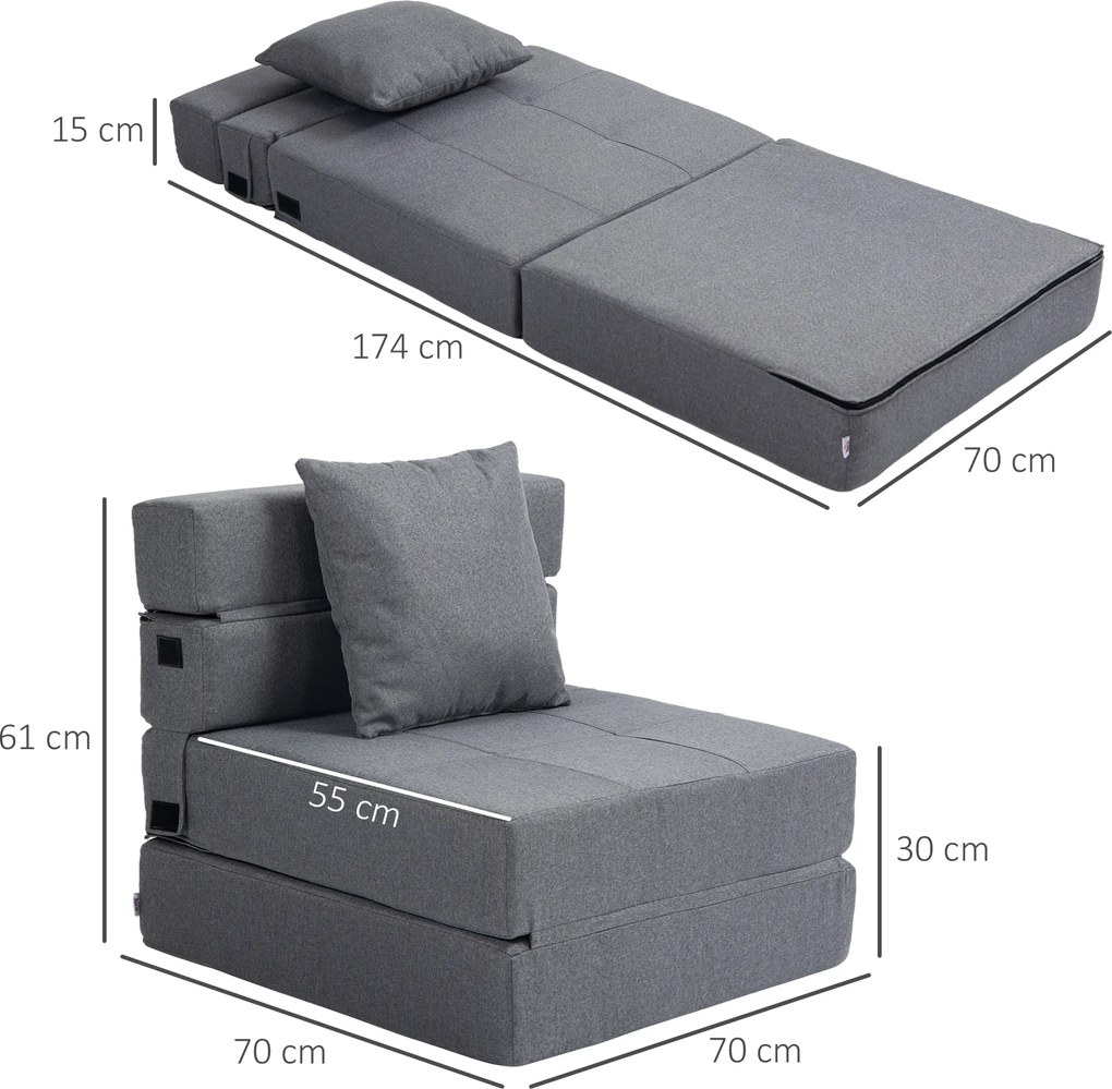 Poltrona-sofá-cama convertível de 1 lugar com 1 almofada com capa removível, tecido cinzento