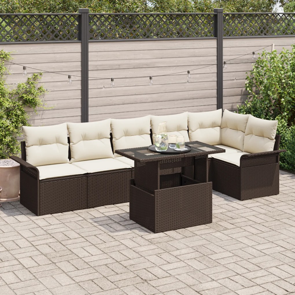 vidaXL Conjunto de Sofás de Jardim de 7 Peças com Almofadas Castanho Rattan PE