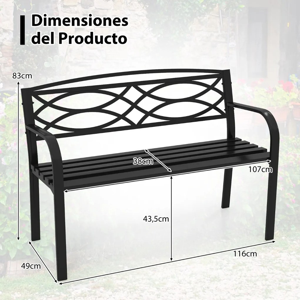 Banco de jardim de 116 cm 49 x 116 x 83 cm para 2 pessoas em metal resistente com braços e encosto curvos Preto