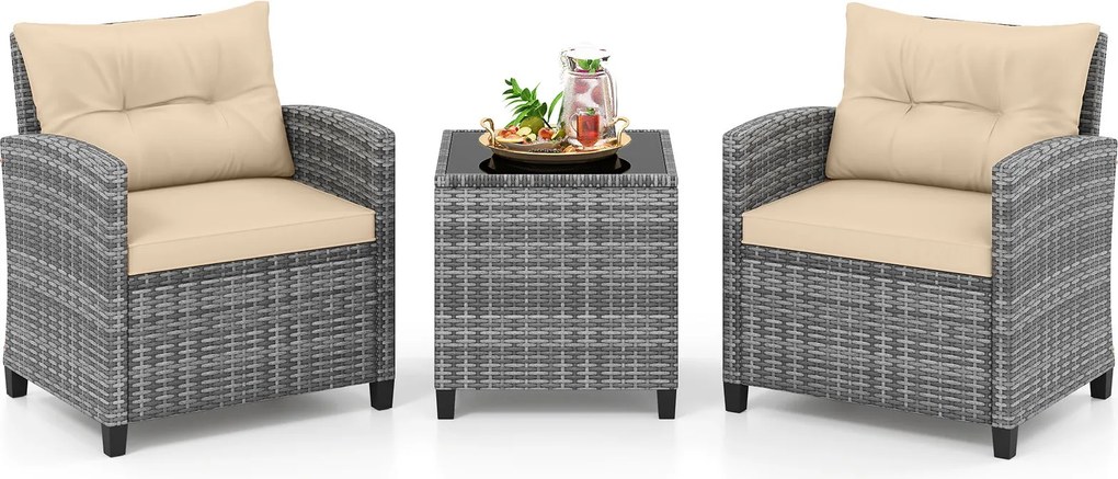 Conjunto de jardim de 3 peças, composto por cadeiras de rattan e mesa com tampo de vidro temperado para pátio, rattan em mistura de cinzento com almof