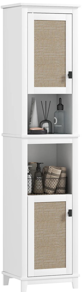 Coluna Casa de Banho com Prateleira Ajustável 2 Portas em Vime e 2 Compartimentos Estilo Boho 40x30x167,5 cm Branco