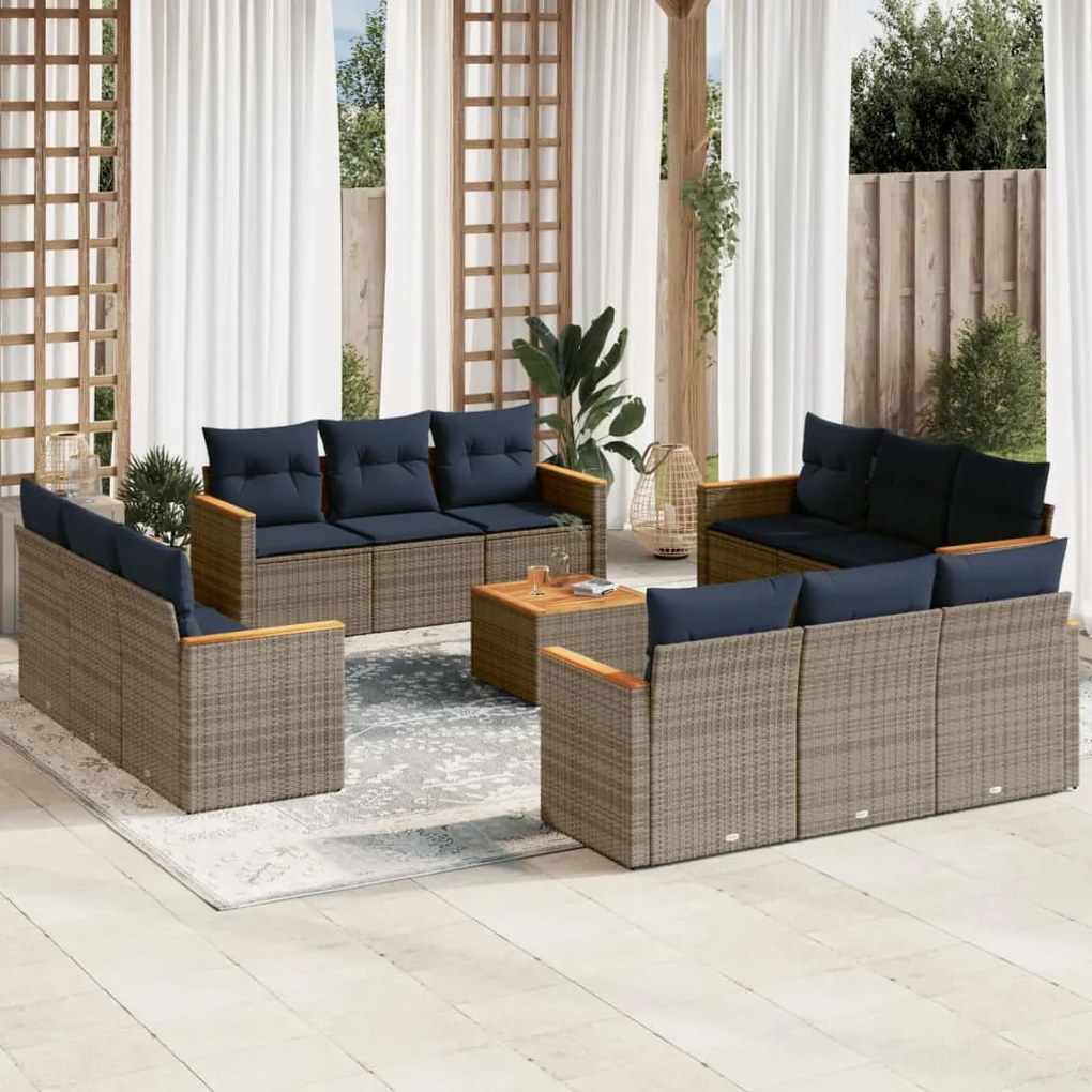 vidaXL 13 pcs conjunto sofás p/ jardim c/ almofadões vime PE cinzento