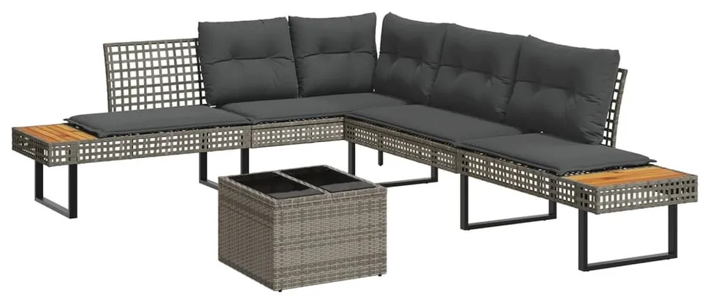2 pcs conj. sofás p/ jardim c/ almofadões vime PE e vidro cinza