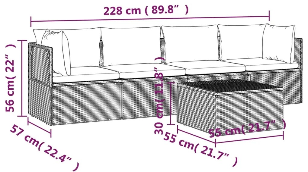5 pcs conjunto lounge de jardim c/ almofadões vime PE cinzento