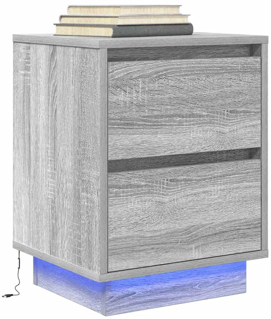 Mesas cabeceira c/ luzes LED 2 pcs 38x34x50 cm cinzento-sonoma