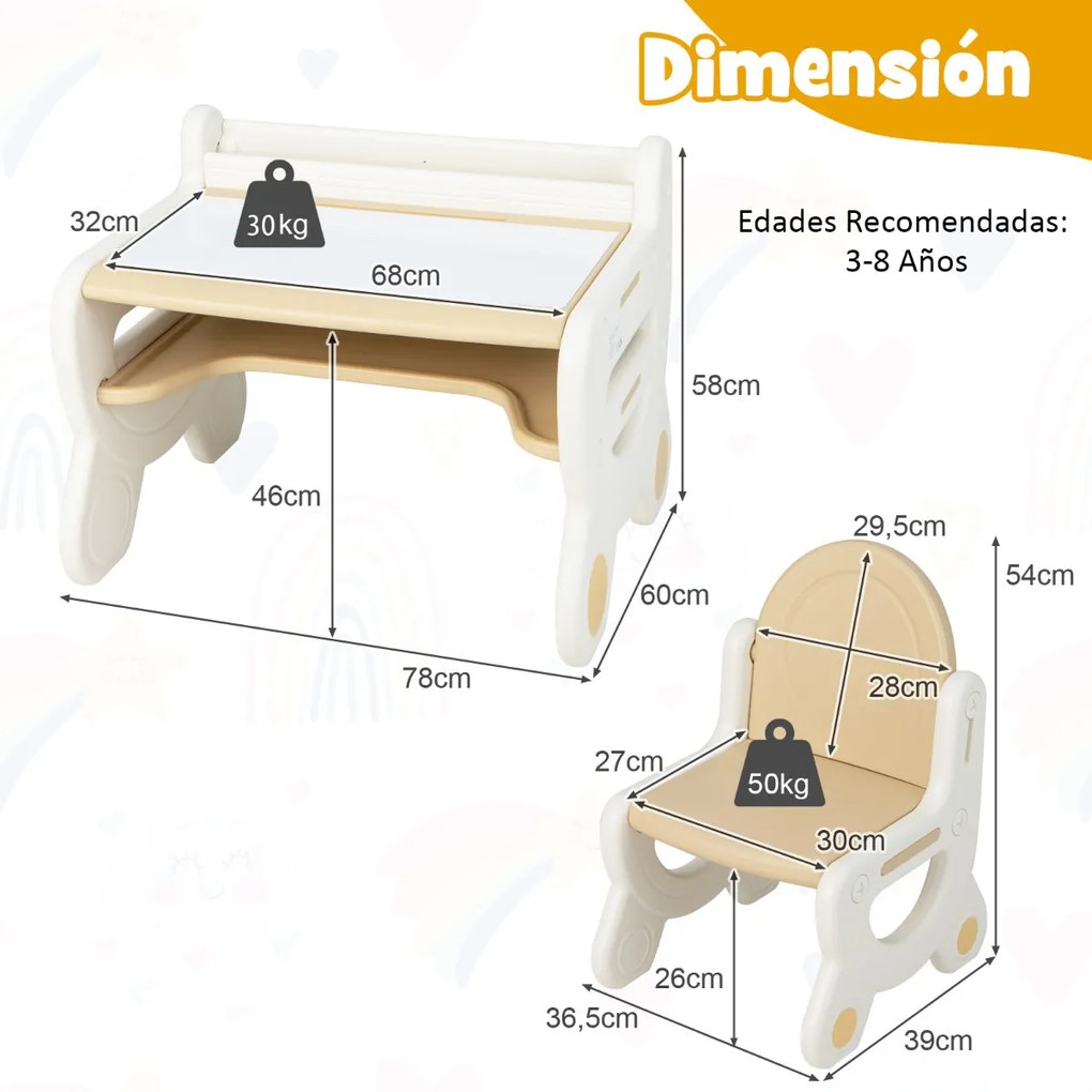 Conjunto de mesa e cadeira de desenho para crianças para actividades para crianças com canetas para aguarela Apagador quadro branco Castanho