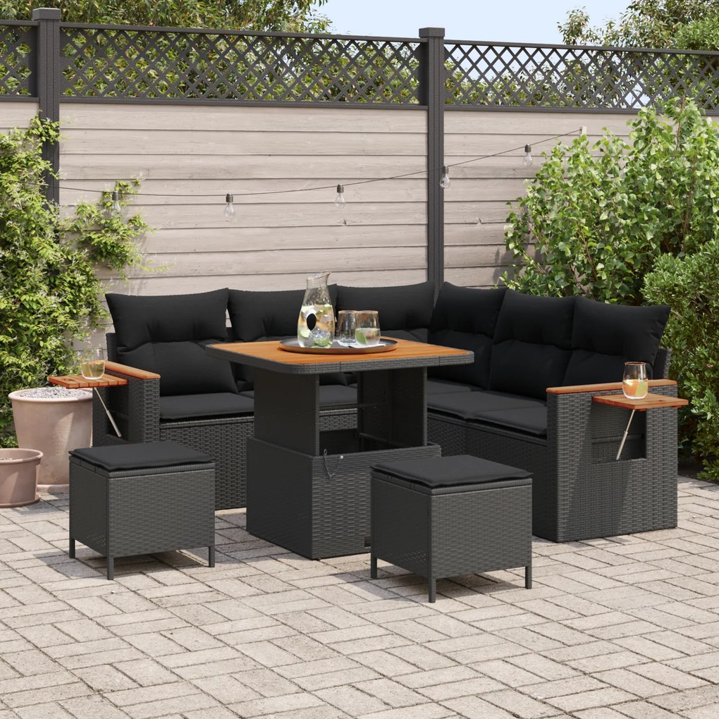 Conjunto de Sofá de Jardim de Oito Peças com Almofadas Preto Rattan PE Acácia